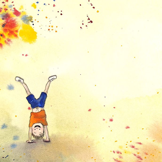Kindermalkurs Junge macht Handstand abgebildet mit Aquarellfarben in orange gelb und rot